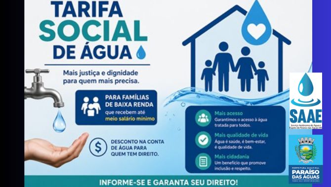 Famílias com renda de até meio salário mínimo: Prefeitura e SAAE convidam para reunião sobre Tarifa Social de Água